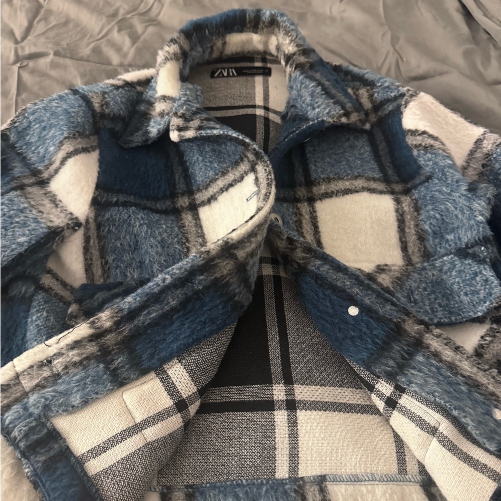 Zara Kids Blue and White Plaid Jean Jacket - Picture 6 of 11